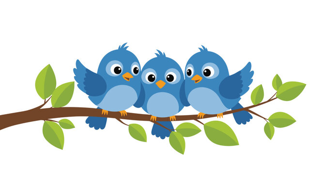 Three happy little blue birds sit together on a leafy tree branch, chirping and singing in a cheerful group setting.