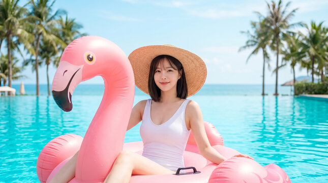 플라밍고 튜브 옆의 모자 쓴 여성 / Woman with a Flamingo Float on the Beach
