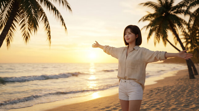석양 해변에서 포즈 취하는 여성 / Woman Posing on a Sunset Beach