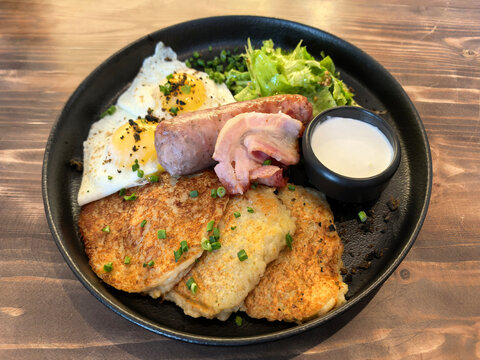 Belarusian breakfast with potato pancakes. Republic of Belarus
