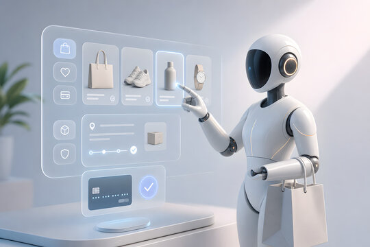 Autonomous shopping assistant bot on futuristic retail interface