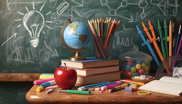 Happy teachers day celebration with colorful school supplies and globe on desk