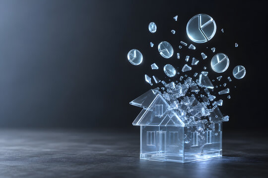Translucent house fragmenting into glowing fractional ownership tokens