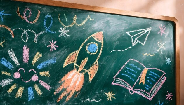 Teachers day chalkboard drawing rocket book and colorful doodles celebrating education