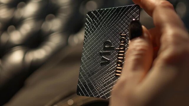 Female hand holding a black VIP membership card, symbolizing exclusive access, premium status, luxury services, and elite membership.