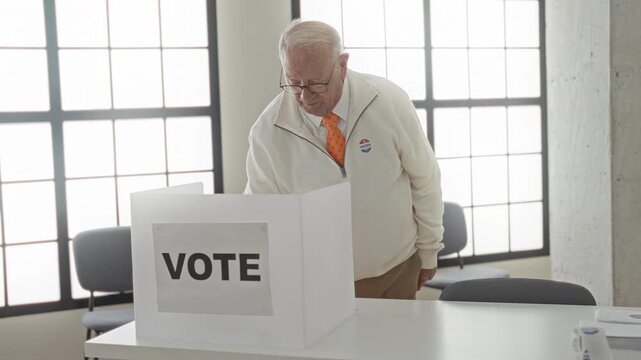Man places ballot into a vote booth and smiles while standing at polling table in a building; pride civic duty.