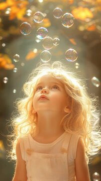 A young blonde girl with curly hair stands outdoors, looking up with wonder. Numerous iridescent soap bubbles drift past her in warm, golden afternoon sunlight filtering through autumn leaves