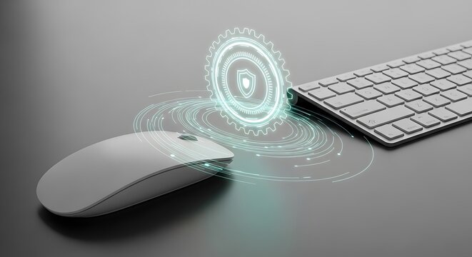 Computer mouse and keyboard with glowing blue security shield icon on gray background