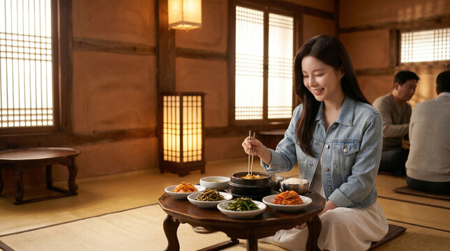 한식 상차림을 즐기는 여성 / Woman Enjoying a Korean Meal