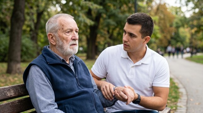 Young man comforting senior man with memory loss sitting on park bench. Caregiver supporting elderly father suffering from dementia. Psychological support and alzheimer disease concept.