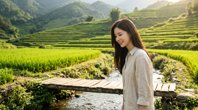 초록 다랭이논을 바라보는 여성 / Woman Viewing Green Rice Terraces