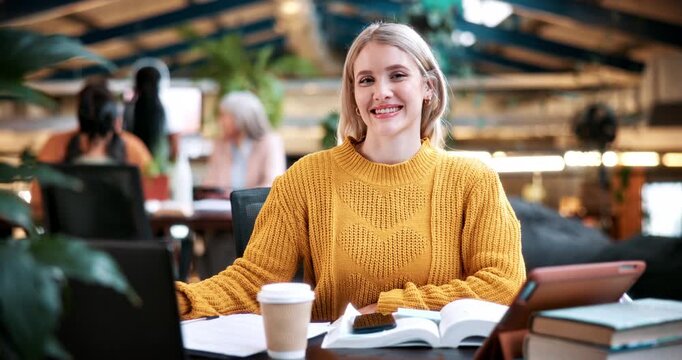 Face, student and happy woman in college for education, development and studying with book. Portrait, learning and person in university for knowledge, course notes or thesis research for assignment