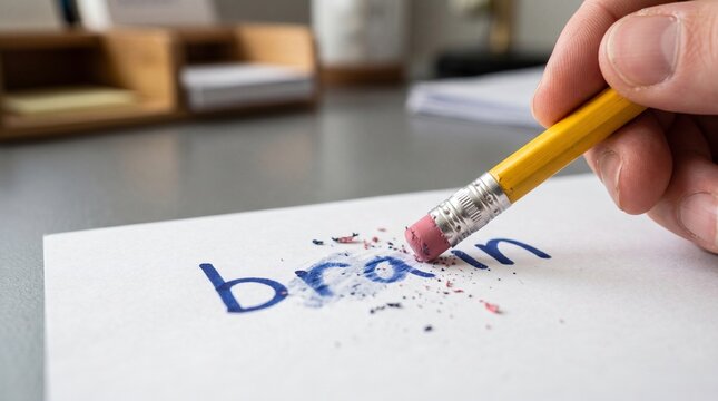 Man erasing the word brain with pencil rubber on paper. Metaphor for memory loss, amnesia and cognitive decline. Concept of dementia, mental health disorder and forgetting information.