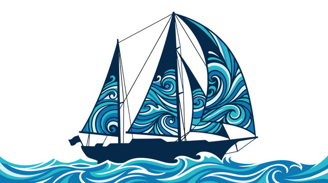 Illustration of a sailing ship with detailed sails on ocean waves
