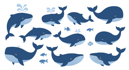 Fototapeta premium Large set of various blue whale illustrations in different poses and styles including some with water spouts.