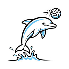 Obraz premium Playful Cartoon Dolphin Leaping with Volleyball and Water Splashes Vector