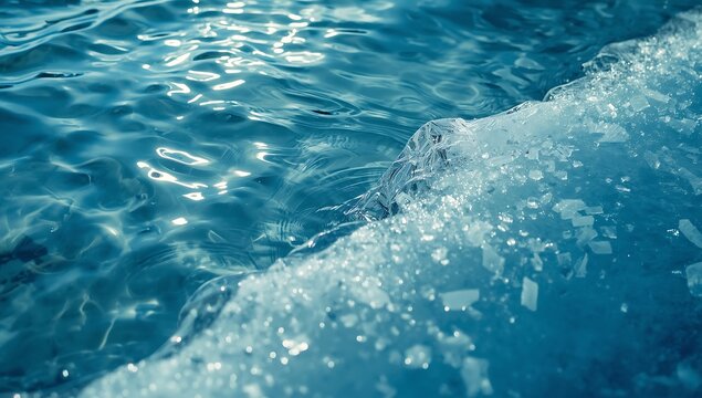 Closeup of a frozen ice edge meeting rippling blue water in a cold winter landscape