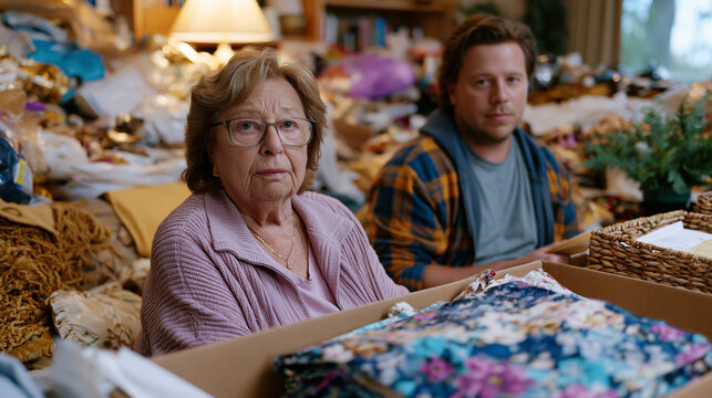 Senior downsizing client and estate organizer seated amid decades of accumulated possessions in overfull living room, sorting items into keep donate and sell categories while cataloguing lifetime be