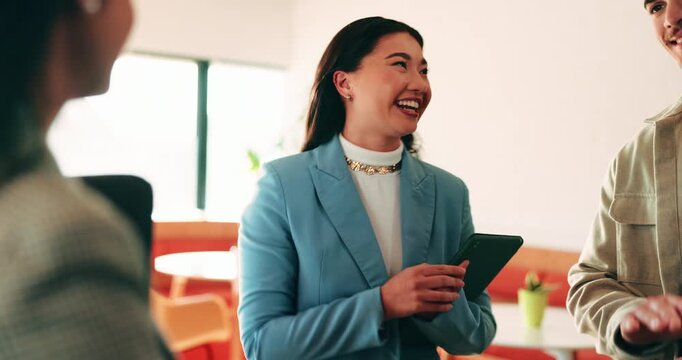 Happy, business and woman with handshake in office for welcome, introduction and praise for bonus. Smile, people and shaking hands for greeting with team applause, congratulations and promotion deal