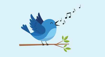 Fototapeta premium Little blue bird perched on a brown tree branch while singing musical notes that float in the air against a soft blue background light.