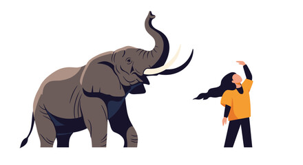 Obraz premium Large grey elephant standing next to a person reaching up towards its trunk in a symbolic illustration of connection between humans and nature.