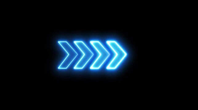 Blue neon triple chevron arrow indicating motion or direction three