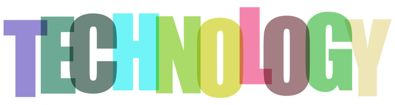 Colorful technology word, tech typography, multicolored text, modern design element