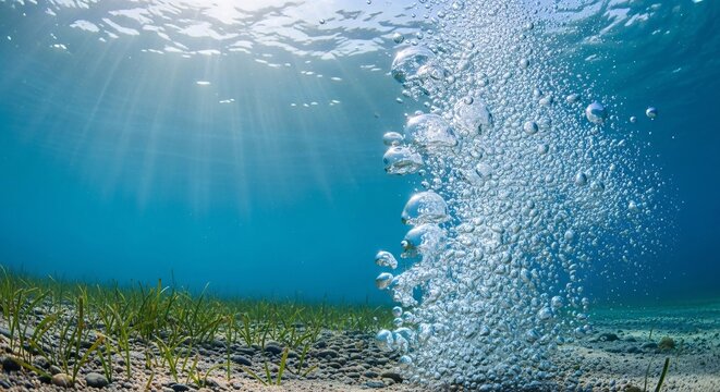 Underwater scene with sunlight rays penetrating clear blue water illuminating sandy seabed and aquatic plants with bubbles rising to the surface for marine nature photography