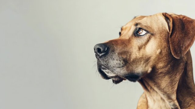 Profile of focused brown dog with short coat against gray background