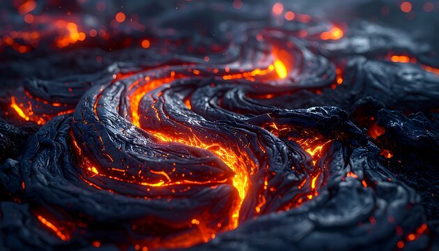 Molten lava swirling fiery orange flames.