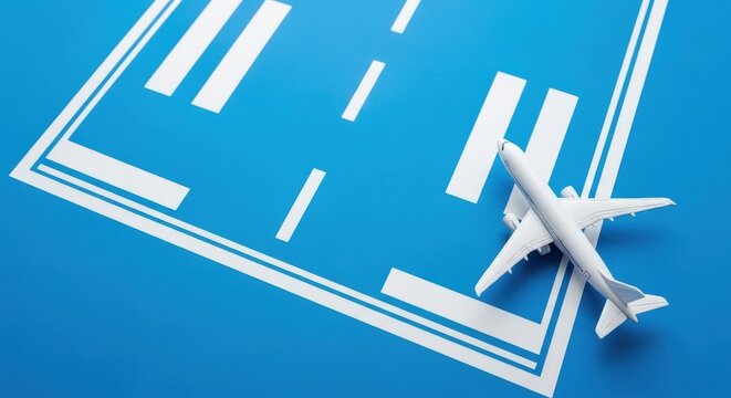 Minimalist airplane model on blue runway background, white toy aircraft landing on airport landing strip, aviation travel and logistics concept