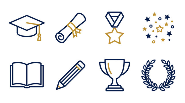 Pixel art icon set representing education and achievement with graduation cap, diploma, medal, book, pencil, trophy, and laurel wreath, ideal for digital interfaces