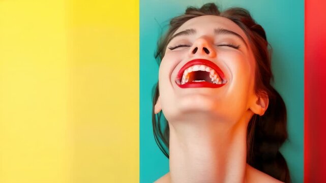 Woman laughing with eyes closed against colorful background