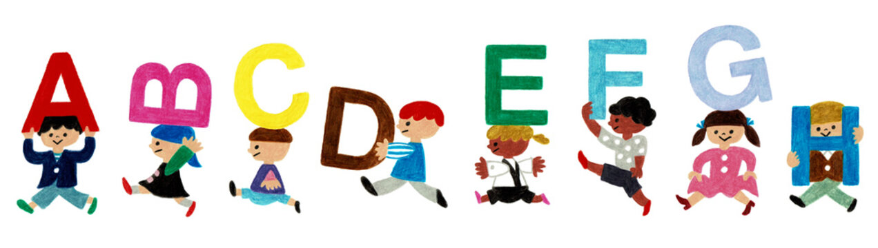 アルファベットを運ぶ子どもたちの手描きイラスト｜英語教育・学習・多様性