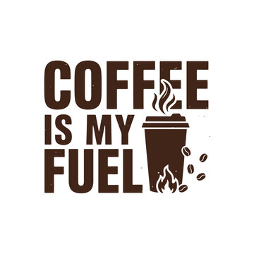 Coffee cup and beans illustration with text dark brown and white