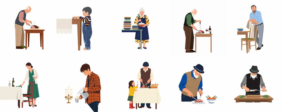 Flat illustration set of people of different generations preparing and serving festive meals for family gatherings and holiday celebrations.
