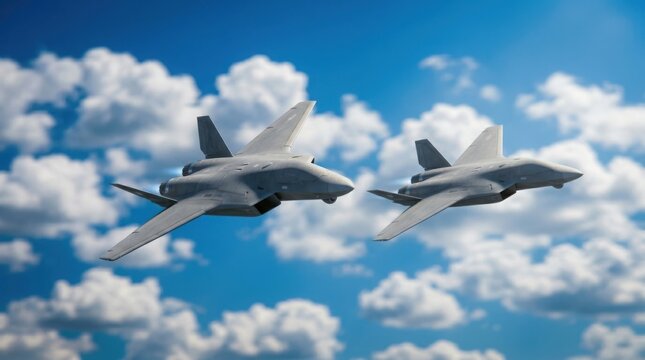 Two military drones flying in formation against blue sky with clouds