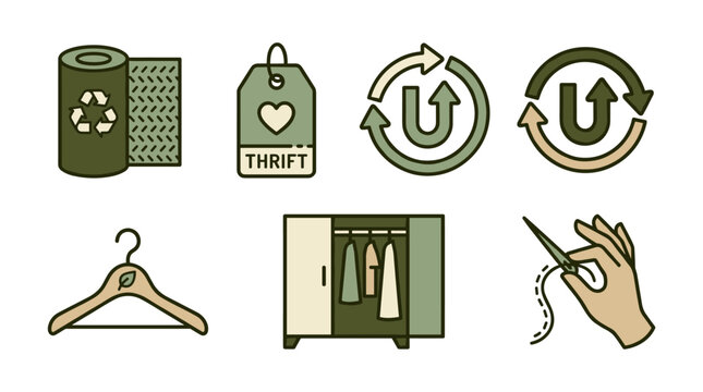 Pixel art set of sustainable fashion icons including recycled fabric roll, thrift tag, upcycling symbols, clothes hanger, wardrobe, and hand sewing, promoting circular economy and eco-friendly choices