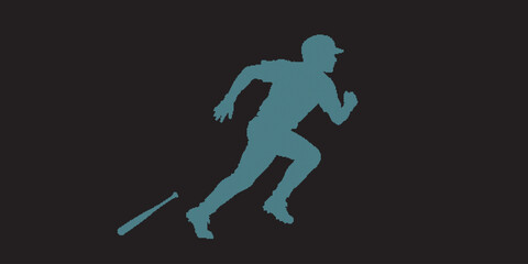 Fototapeta premium Baseball Player Running to Base Silhouette Vector EPS Illustration with Teal Digital Halftone Grid Pattern