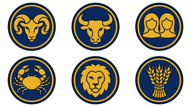 Set of six gold and blue pixel art zodiac sign icons: Aries, Taurus, Gemini, Cancer, Leo, and Virgo, representing horoscopes and astrology.