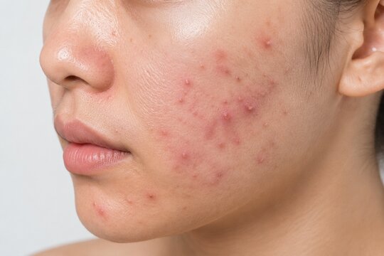 Close Up of Mild to Moderate Facial Acne on Cheek Skin