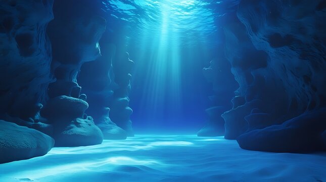 Cinematic underwater cavern view with sun rays piercing through deep blue ocean water top.