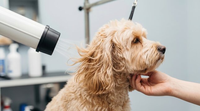 Light colored dog being dried with a grooming blower during a salon care session. Concept of professional pet grooming, coat maintenance, and animal wellbeing