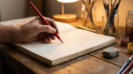Left Handed Person Sketching with Red Pencil in Sketchbook on Cozy Artist Wooden Desk, International Left Handers Day Concept