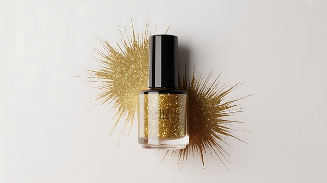  Sparkling gold glitter nail polish bottle with decorative starburst glitter pattern surrounding container on clean white background surface