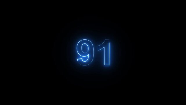 Animation of glowing neon cyan color number text animation . cyan , neon number 91 .neon color, neon lighting,91 percentage discount animated- 4k black background animation video