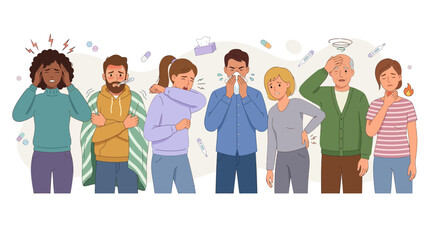 Obraz premium A set of people experiencing illness and flu symptoms, displayed in a horizontal row.