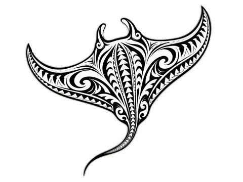 Polynesian manta ray vector illustration in tribal style, black and white with green accents, symbolic ocean guardian design for tattoo art