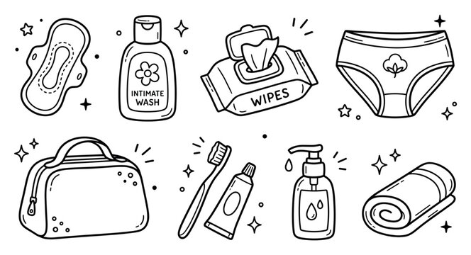 Feminine hygiene and personal care items doodle set