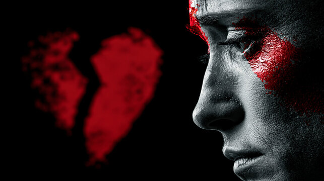 A woman face crying red color make up on the face is on the right side of image , and breaking red heart graphic is left side , black background , dark love image.